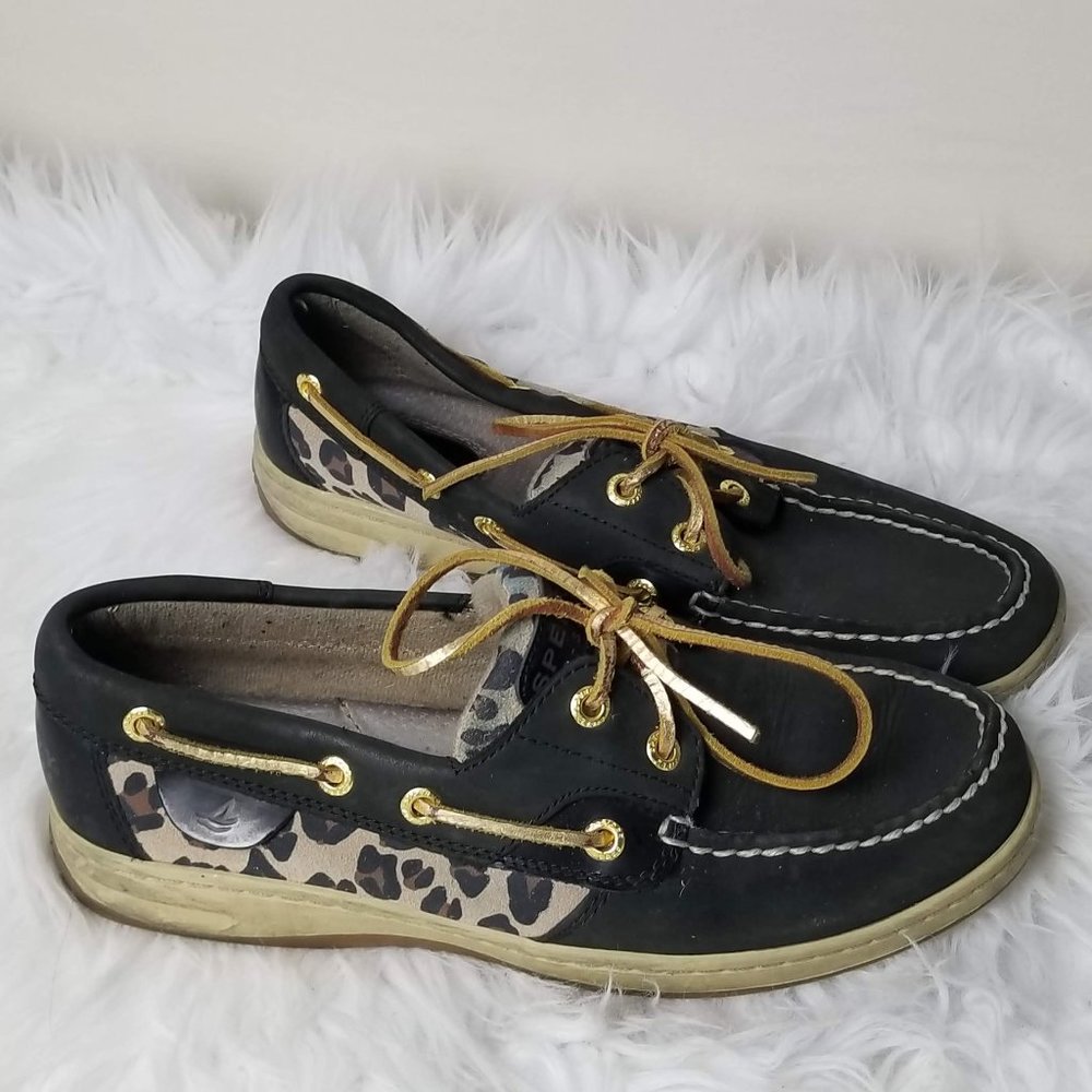 Black and Leopard Sperry Boat shoes 7M